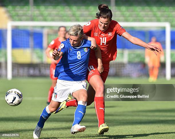 Melania Gabbiadini of Italy and Rahel Kiwic of Switzerland in action during the UEFA Women's Euro 2017 Qualifier between Italy and Switzerland at...