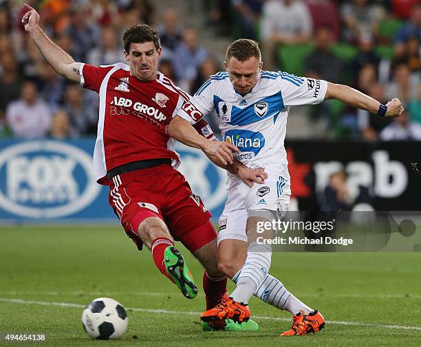 Besart Berisha of the Victory kicks the ball at goal past Bradley Walker of the City during the FFA Cup Semi Final match between Hume City and...