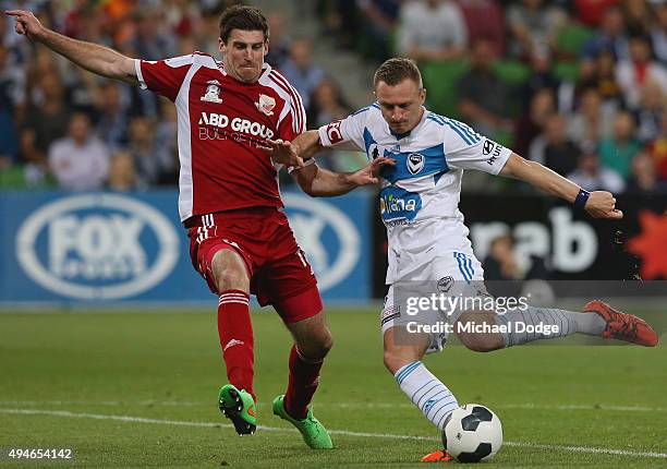 Besart Berisha of the Victory kicks the ball at goal past Bradley Walker of the City during the FFA Cup Semi Final match between Hume City and...