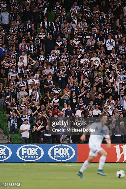 The Victory crowd is seen during the FFA Cup Semi Final match between Hume City and Melbourne Victory at AAMI Park on October 28, 2015 in Melbourne,...