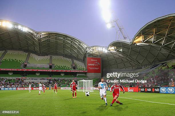 General view is seen as Shane Rexhepi of the City kicks the ball during the FFA Cup Semi Final match between Hume City and Melbourne Victory at AAMI...