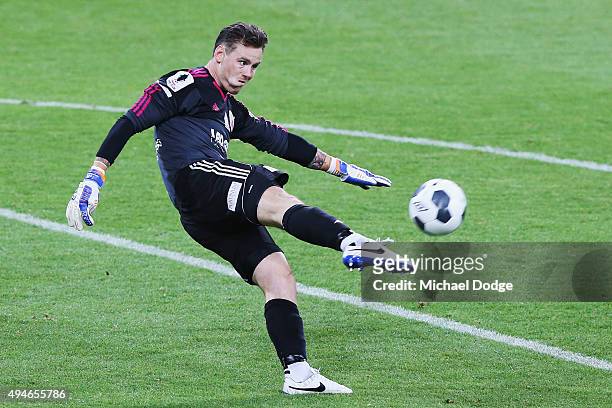 City goalkeeper Chris Oldfield kicks the ball during the FFA Cup Semi Final match between Hume City and Melbourne Victory at AAMI Park on October 28,...