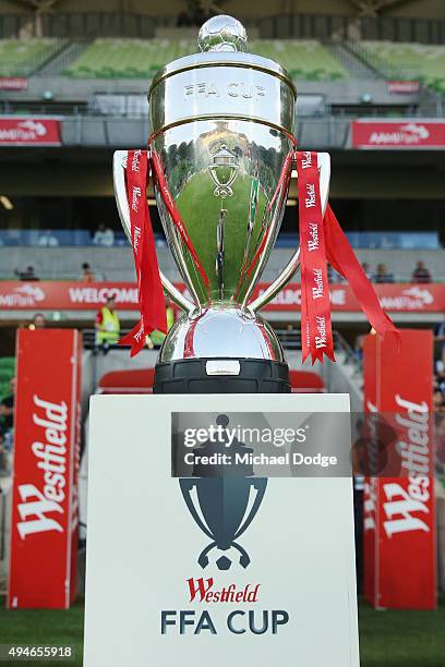 The FFA Cup is seen during the FFA Cup Semi Final match between Hume City and Melbourne Victory at AAMI Park on October 28, 2015 in Melbourne,...