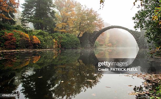 Fog hangs over trees in autumnal colors and the so-called Rakotzbruecke bridge of the Rhododendronpark Kromlau landscaped park in Kromlau, eastern...