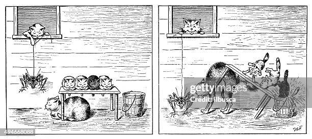 antique children's book comic illustration: cat scary spider - mischievous cat stock illustrations
