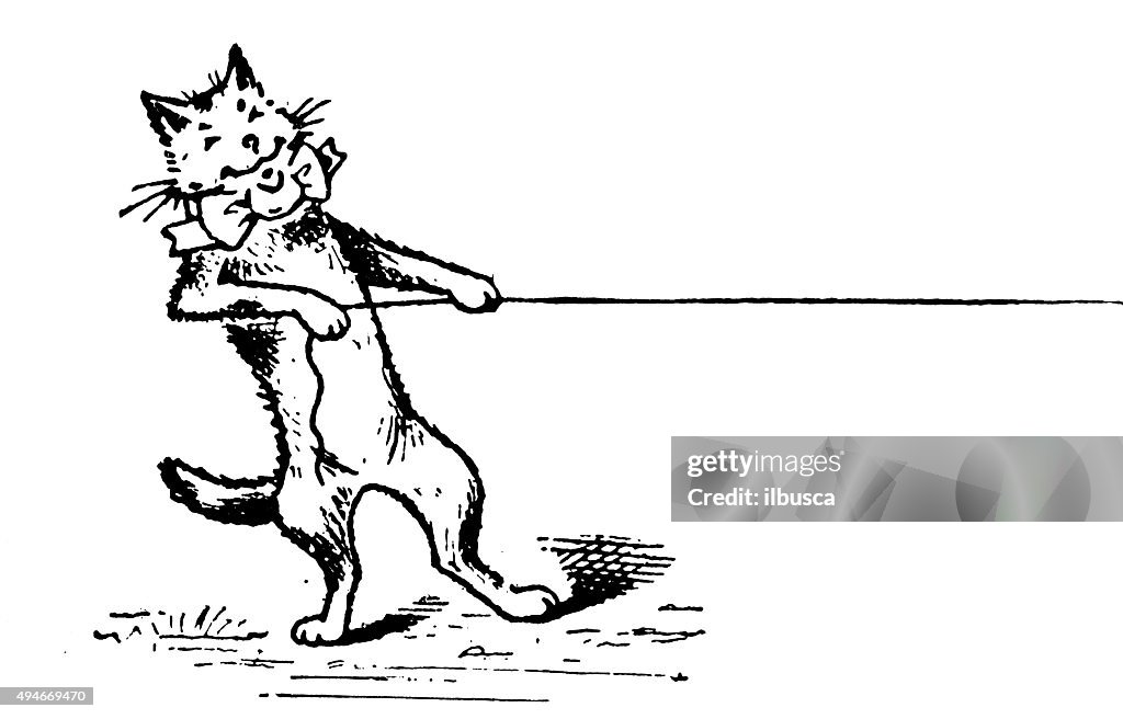 Comic Book Rope Antique Childrens Book Comic Illustration Cat Pulling Rope High-Res ...