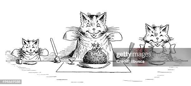 antike kinder buch comic-illustration: katzen essen - cat food stock-grafiken, -clipart, -cartoons und -symbole