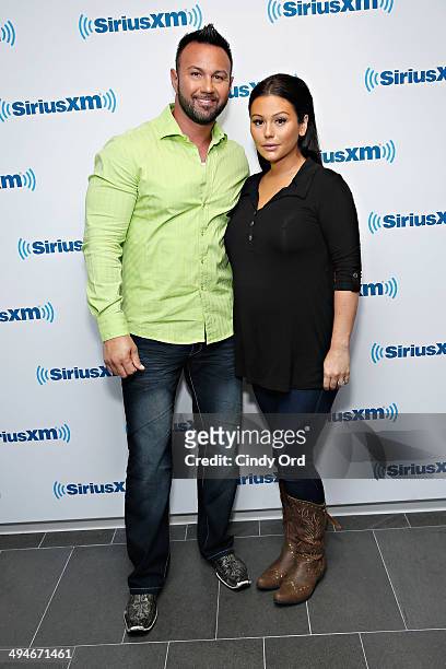 Personalities Roger Mathews and Jenni 'JWoww' Farley visit the SiriusXM Studios on May 30, 2014 in New York City.