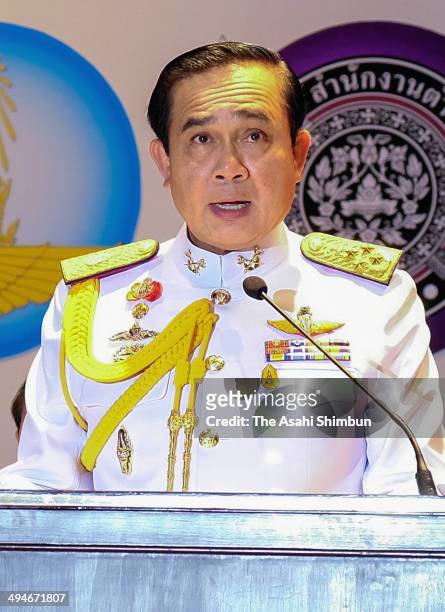 Thai military General Prayuth Chan-ocha speaks during a press conference after receiving the Royal Endorsement as the military coup leader on May 26,...