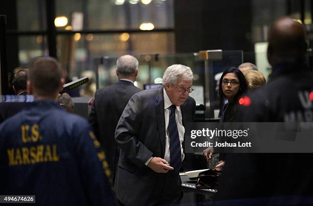 Former Republican Speaker of the House Dennis Hastert, center, arrives for his plea deal at the Dirksen Federal Courthouse on October 28, 2015 in...
