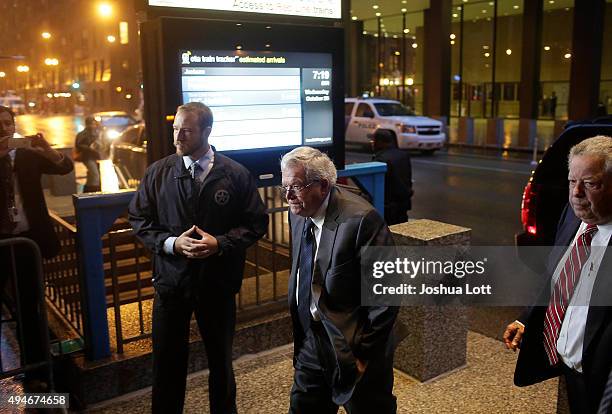 Former Republican Speaker of the House Dennis Hastert, center, arrives for his plea deal at the Dirksen Federal Courthouse on October 28, 2015 in...