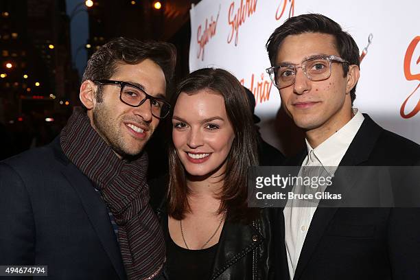 Adam Chanler-Berat, Jennifer Damiano and Gideon Glick pose at The Opening Night Arrivals for "Sylvia" on Broadway at The Cort Theatre on October 27,...