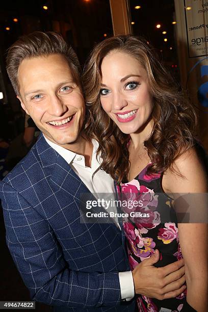 Nathan Johnson and Laura Osnes pose at The Opening Night Arrivals for "Sylvia" on Broadway at The Cort Theatre on October 27, 2015 in New York City.