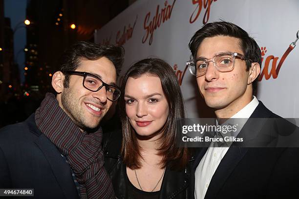 Adam Chanler-Berat, Jennifer Damiano and Gideon Glick pose at The Opening Night Arrivals for "Sylvia" on Broadway at The Cort Theatre on October 27,...