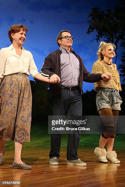 Julie White, Matthew Broderick and Annaleigh Ashford take the Opening Night Curtain Call for "Sylvia" on Broadway at The Cort Theatre on October 27,...