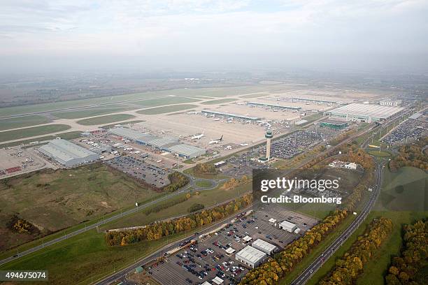 The control tower stands in the center of London Stansted Airport Ltd, operated by Manchester Airports Group Plc , in Stansted, U.K., on Tuesday,...
