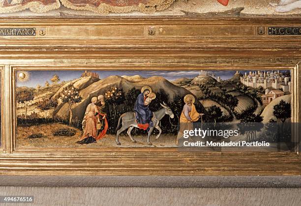 Adoration of the Magi , by Gentile da Fabriano 15th Century, tempera on panel, 303 x 282 cm Italy, Tuscany, Florence, Uffizi Gallery. Detail....