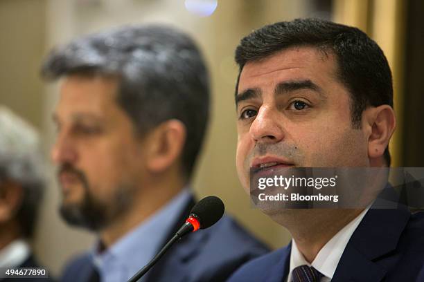 Selahattin Demirtas, leader of the People's Democratic Party, also known as HDP, speaks to representatives of minority groups during a meeting in...