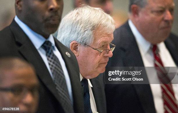 Surrounded by U.S. Marshals, former Republican Speaker of the House Dennis Hastert leaves the Dirksen Federal Courthouse on October 28, 2015 in...