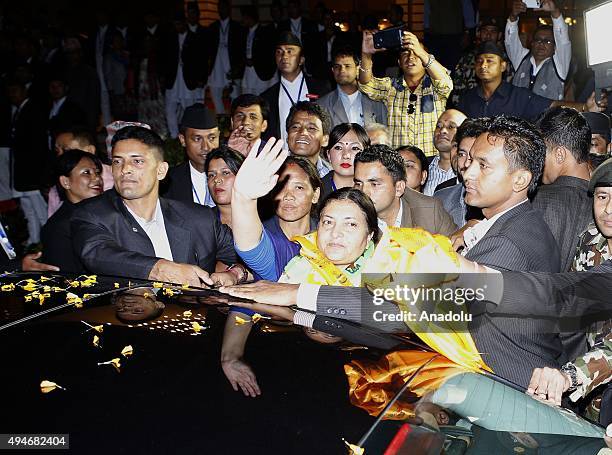 Nepal's first elected woman president Bidhya Bhandari waves after she is elected as New President of Nepal at the parliament in Kathmandu, Nepal, 28...