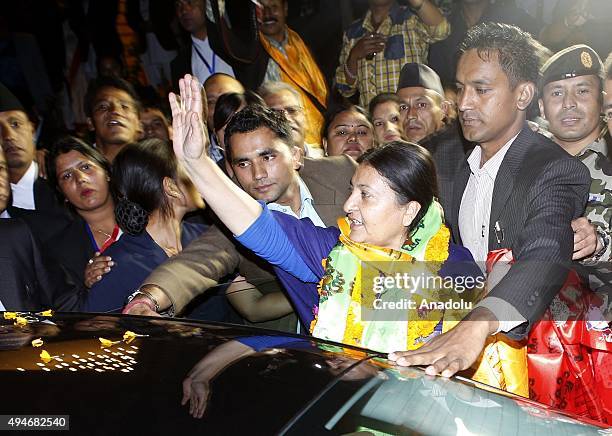 Nepal's first elected woman president Bidhya Bhandari waves after she is elected as New President of Nepal at the parliament in Kathmandu, Nepal, 28...