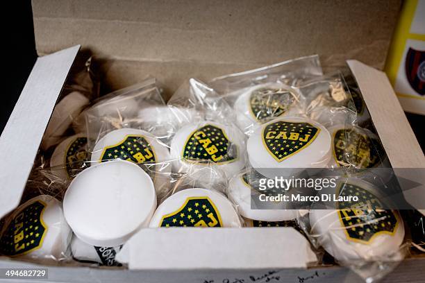 Bars of soap with the "Club Atletico Boca Juniors" logo soccer team are seen in a box in the taxi of Jorge Alfredo Vasquez on May 12, 2012 in Buenos...