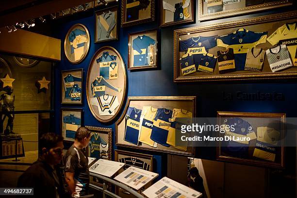 Memorabilia, sports trophies, and other objects related to the history of the Boca Juniors football team are seen at the museum of the club at the...