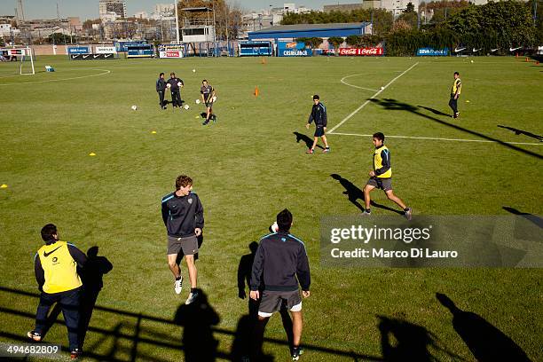 Boca Juniors soccer team players are seen during a training session at the "La Bombonerita" training stadium on May 15, 2012 in Buenos Aires,...