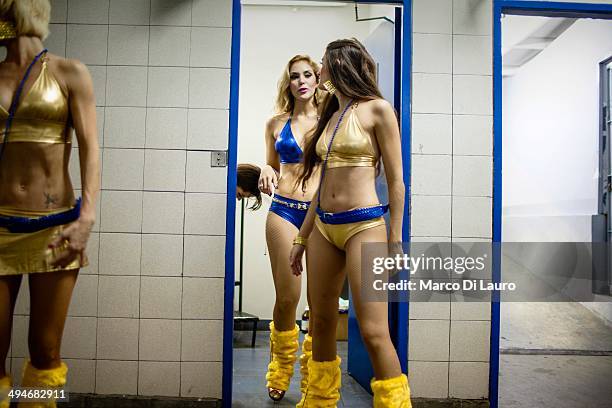 Boca Juniors soccer team cheerleaders are seen as they prepare to perform during the match between Boca Junior and Godoy Cruz at La Bombonera...