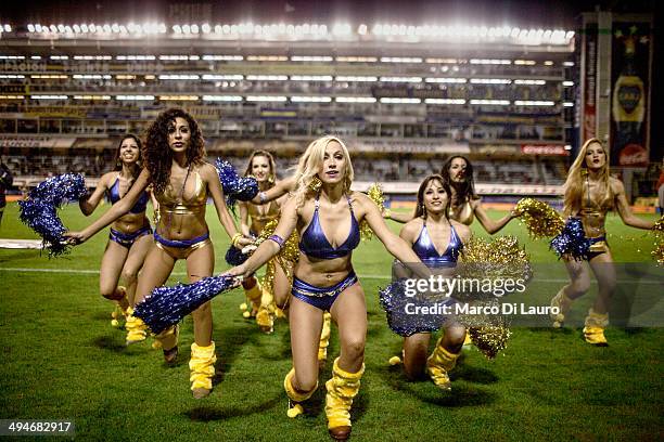 Boca Juniors soccer team cheerleaders are seen as they perform during the match between Boca Junior and Godoy Cruz at La Bombonera stadium, on May...