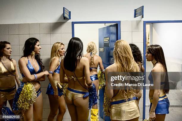 Boca Juniors soccer team cheerleaders are seen as they prepare to perform during the match between Boca Junior and Godoy Cruz at La Bombonera...