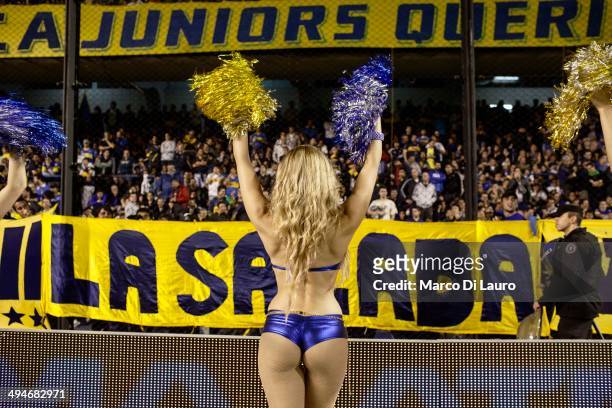 Boca Juniors soccer team cheerleaders are seen as they perform during the match between Boca Junior and Godoy Cruz at La Bombonera stadium, on May...