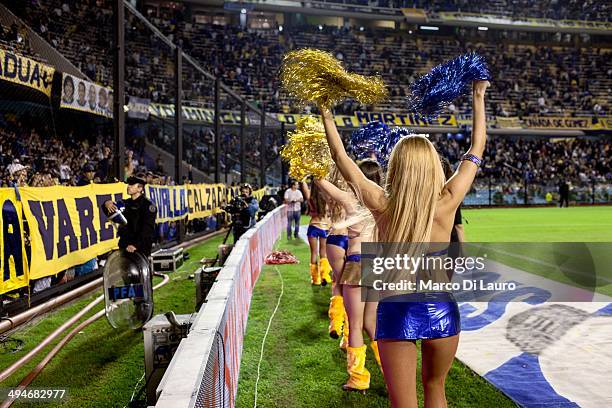 Boca Juniors soccer team cheerleaders are seen as they perform during the match between Boca Junior and Godoy Cruz at La Bombonera stadium, on May...