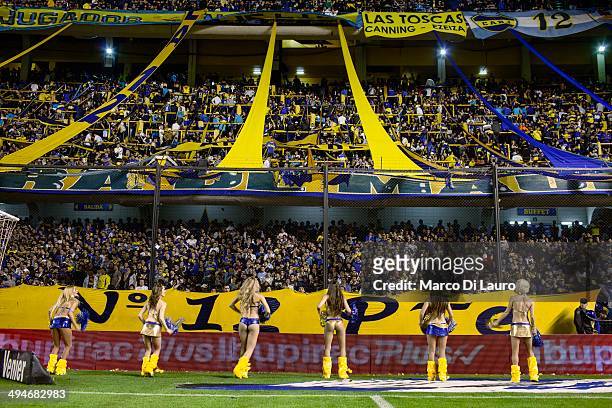 Boca Juniors soccer team cheerleaders are seen as they perform during the match between Boca Junior and Godoy Cruz at La Bombonera stadium, on May...