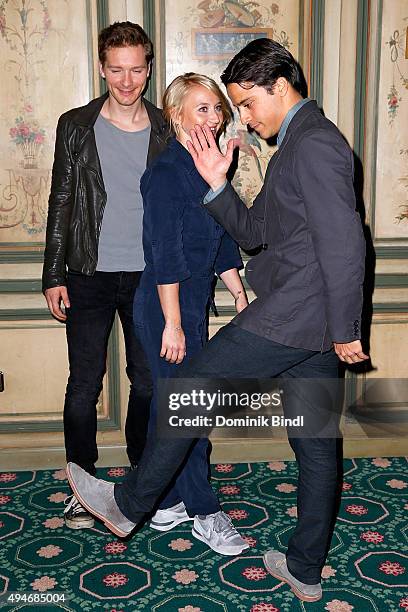 Jacob Matschenz, Anna Maria Muehe and Kostja Ullmann attend the on set photocall for the film 'Mein Blind Date mit dem Leben' at Hotel Bayerischer...