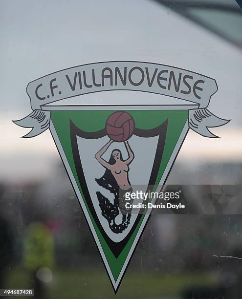 View of Secundo B team C.F. Villanovense's emblem on the dugout ahead of the Copa del Rey Last of 16 First Leg match between C.F. Villanovense and...