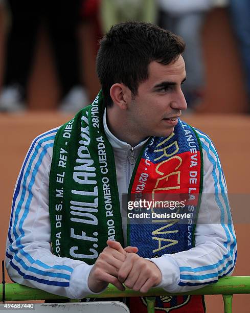 Fan waits for the teams to arrive outside estadio Romero Cuerda ahead of the Copa del Rey Last of 16 First Leg match between C.F. Villanovense and...