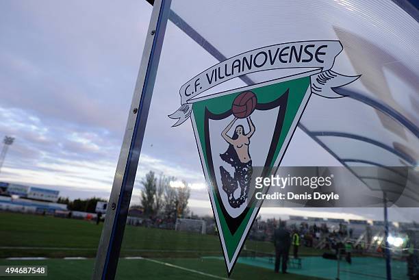 View of Secundo B team C.F. Villanovense's emblem on the dugout ahead of the Copa del Rey Last of 16 First Leg match between C.F. Villanovense and...