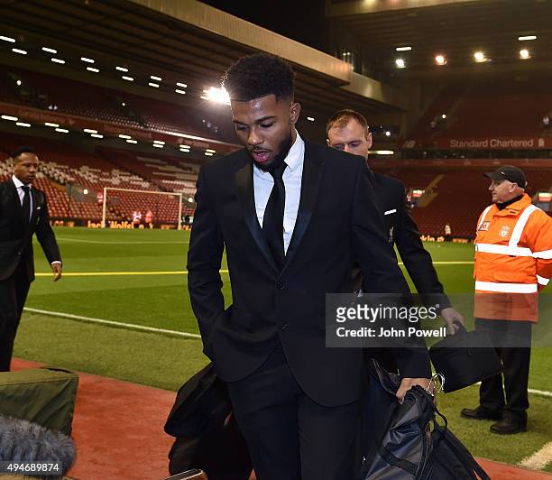 Jerome Sinclair of Liverpool arrives at the Capital One Cup Fourth Round match between Liverpool and AFC Bournemouth at Anfield on October 28, 2015...