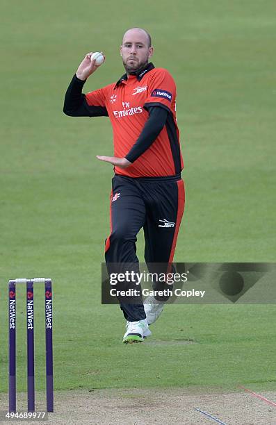 Chris Rushworth of Durham bowls during the Natwest T20 Blast match between Durham Jets and Lancashire Lighting at The Riverside on May 29, 2014 in...