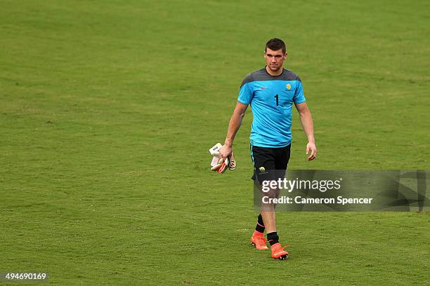 Mat Ryan of the Socceroos walks during an Australian Socceroos training session at Arena Unimed Sicoob on May 30, 2014 in Vitoria, Brazil.