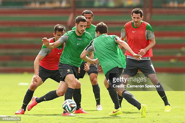 Matthew Leckie of the Socceroos controls the ball during an Australian Socceroos training session at Arena Unimed Sicoob on May 30, 2014 in Vitoria,...