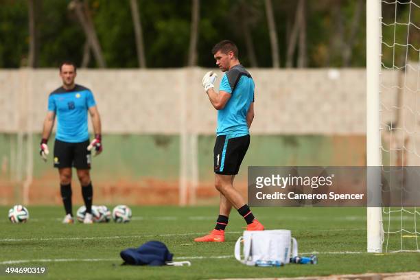 Mat Ryan of the Socceroos goal-keeps during an Australian Socceroos training session at Arena Unimed Sicoob on May 30, 2014 in Vitoria, Brazil.