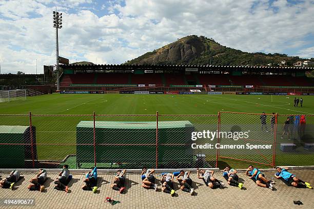 Socceroo players stretch during an Australian Socceroos training session at Arena Unimed Sicoob on May 30, 2014 in Vitoria, Brazil.