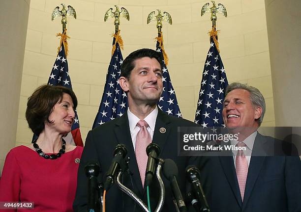 Rep. Paul Ryan speaks to the media while flanked by House Majority Leader Kevin McCarthy and Chairman of the House Republican Conference Rep. Cathy...