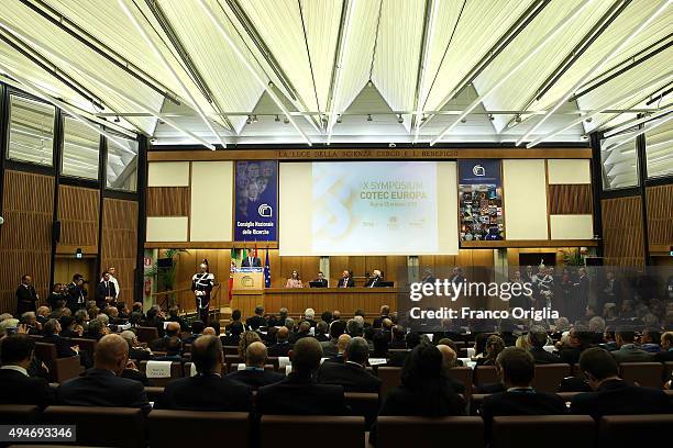 King Felipe VI of Spain delivers a speech in the presence of the Italian President Sergio Mattarella and the President of the Portuguese Republic...