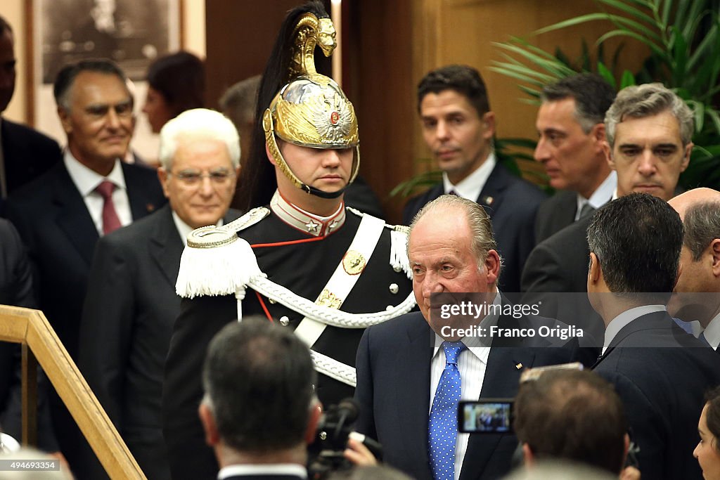 King Felipe VI of Spain And King Juan Carlos of Spain Attend The COTEC Meeting In Rome