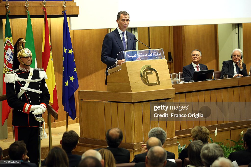 King Felipe VI of Spain And King Juan Carlos of Spain Attend The COTEC Meeting In Rome