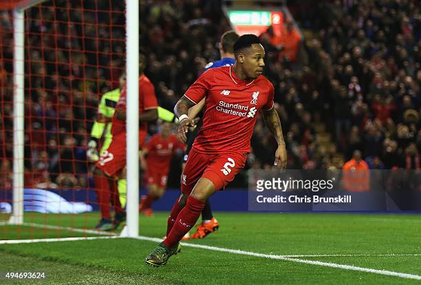 Nathaniel Clyne of Liverpool turns away after scoring the opening goal during the Capital One Cup Fourth Round match between Liverpool and AFC...