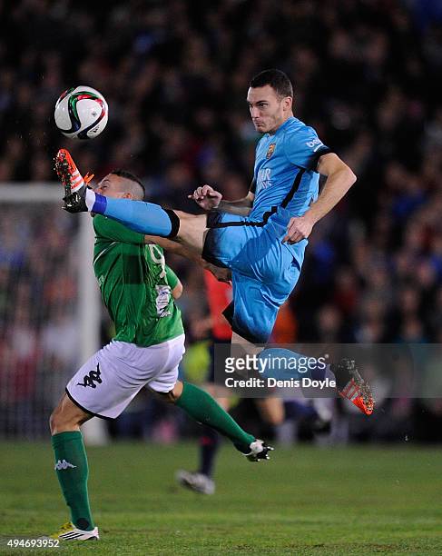 Thomas Vermaelen of FC Barcelona clears the ball from Casi Ruiz of C.F. Villanovense during the Copa del Rey Last of 16 First Leg match between C.F....